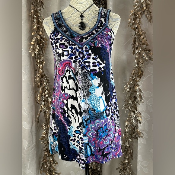 Joyous & Free Beaded Boho Tunic Tank Top M – Vibrant & Flowy 90 Lisa Frank Vibes - Picture 1 of 9